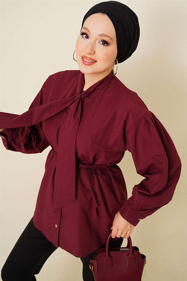 Burgundy Poplin Shirt with Tie Collar