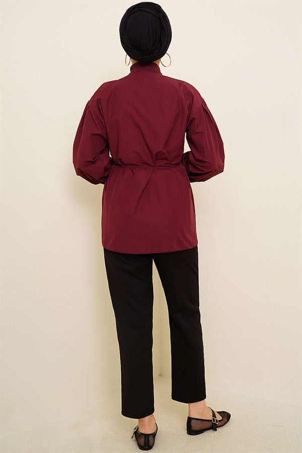 Burgundy Poplin Shirt with Tie Collar