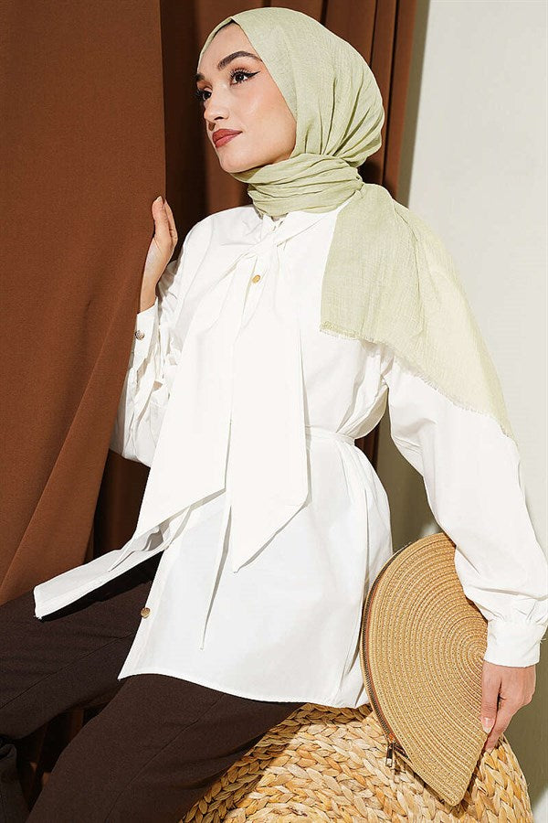 Poplin Shirt with Tie Collar, Ecru