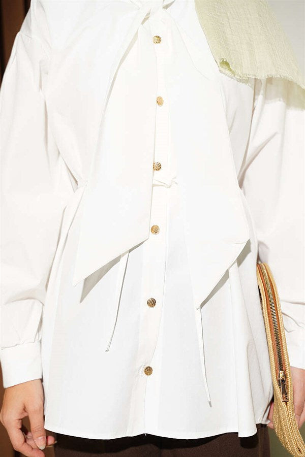 Poplin Shirt with Tie Collar, Ecru