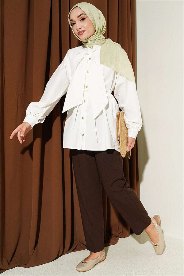 Poplin Shirt with Tie Collar, Ecru