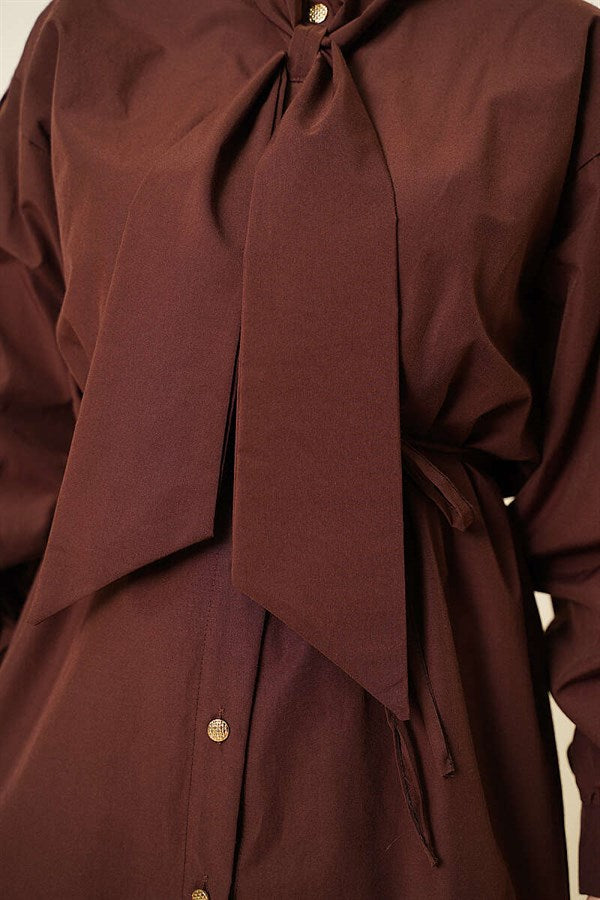 Poplin Shirt with Tie Collar, Brown