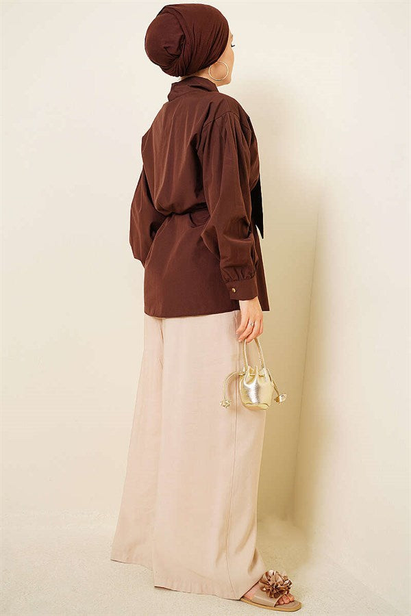 Poplin Shirt with Tie Collar, Brown