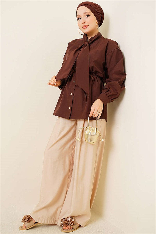 Poplin Shirt with Tie Collar, Brown