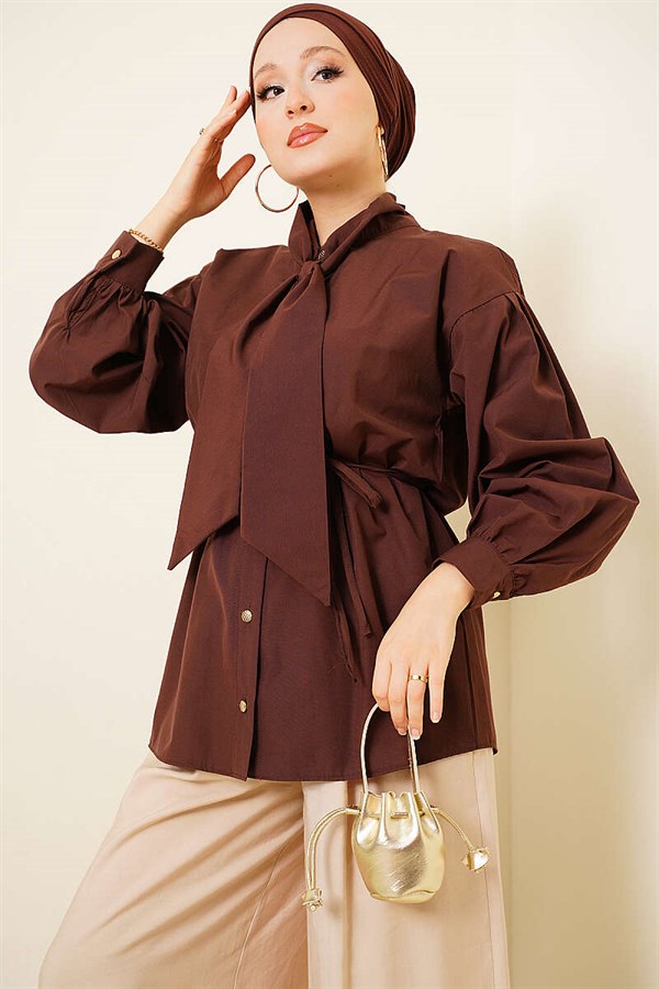 Poplin Shirt with Tie Collar, Brown