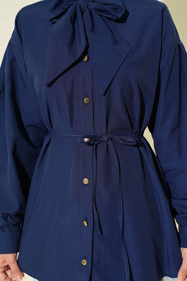 Navy Blue Poplin Shirt with Tie Collar