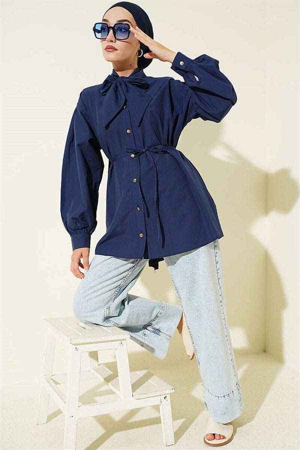 Navy Blue Poplin Shirt with Tie Collar