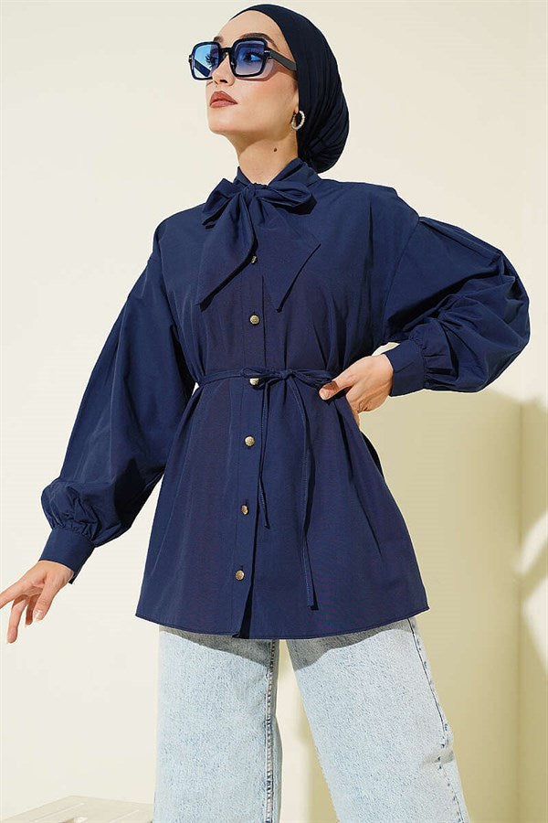 Navy Blue Poplin Shirt with Tie Collar