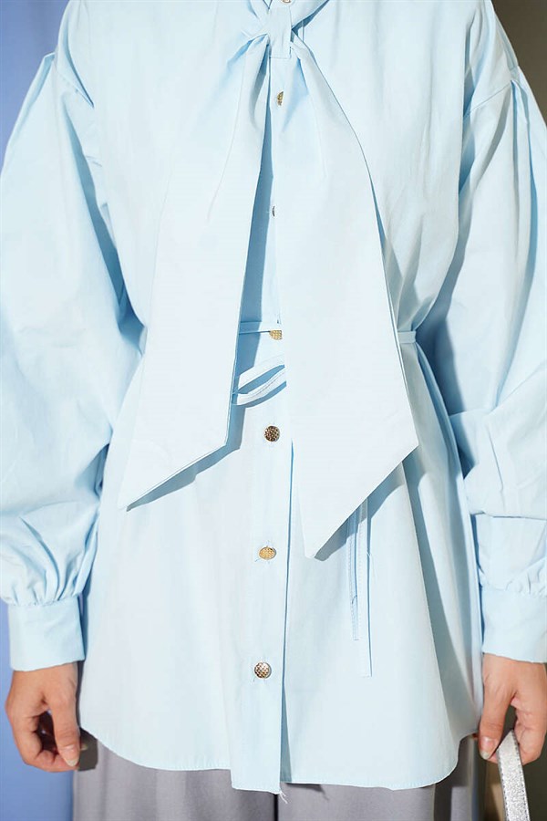 Blue Poplin Shirt with Tie Collar
