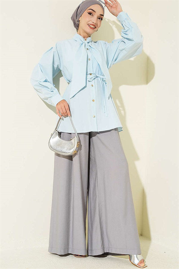 Blue Poplin Shirt with Tie Collar