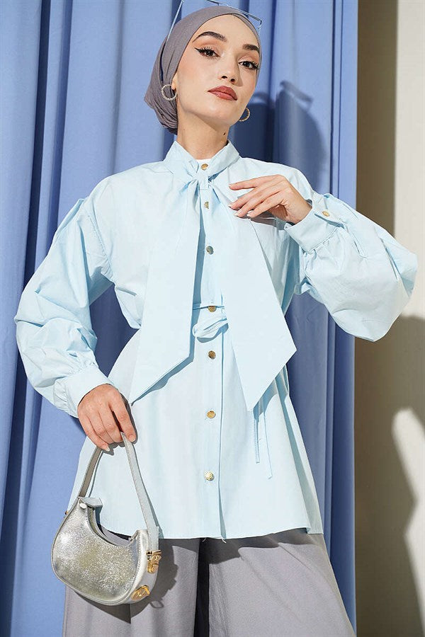 Blue Poplin Shirt with Tie Collar