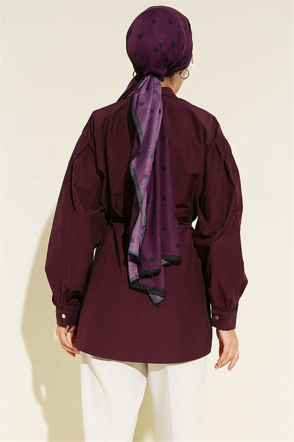 Poplin Shirt with Tie Collar, Plum