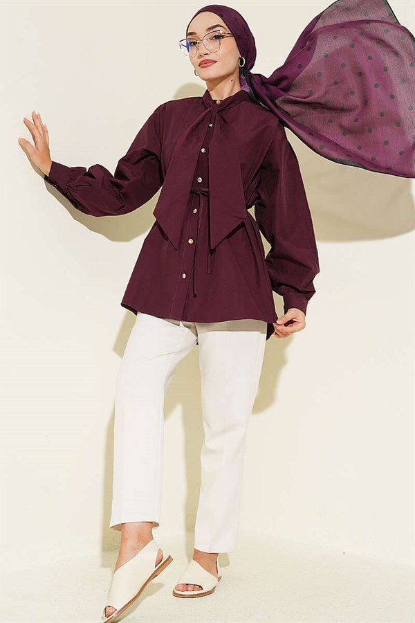 Poplin Shirt with Tie Collar, Plum