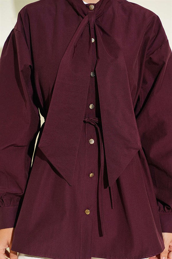 Poplin Shirt with Tie Collar, Plum