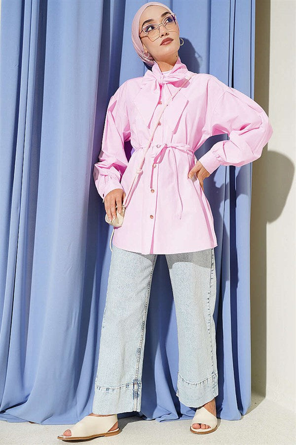 Pink Poplin Shirt with Tie Collar