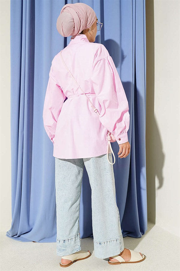 Pink Poplin Shirt with Tie Collar