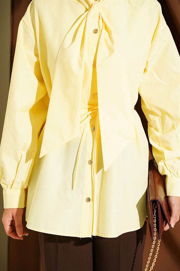 Yellow Poplin Shirt with Tie Collar