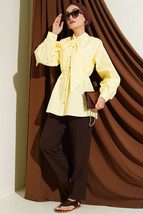 Yellow Poplin Shirt with Tie Collar