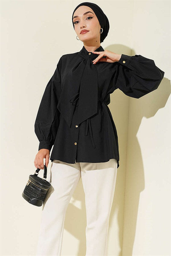 Black Poplin Shirt with Tie Collar