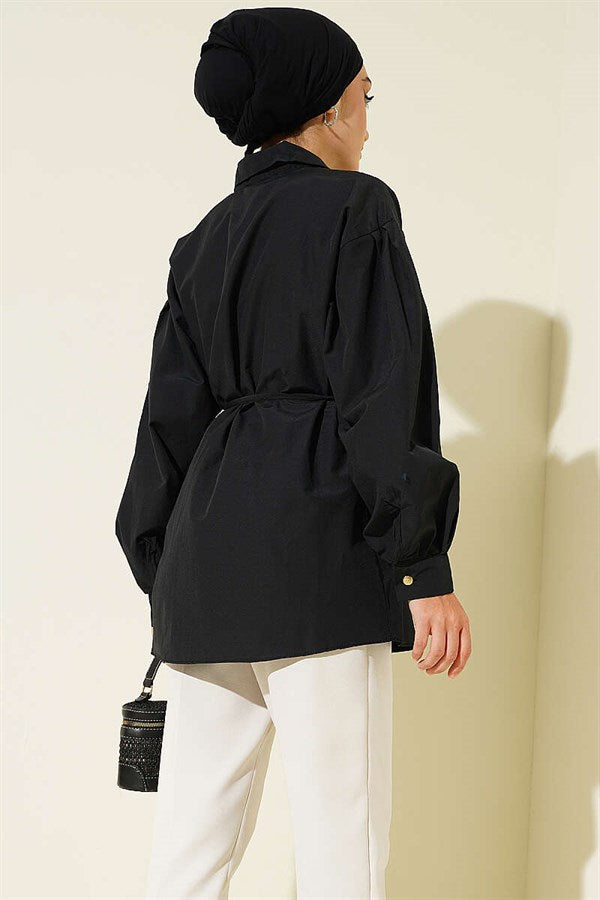 Black Poplin Shirt with Tie Collar