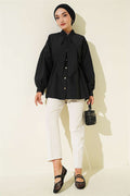 Black Poplin Shirt with Tie Collar