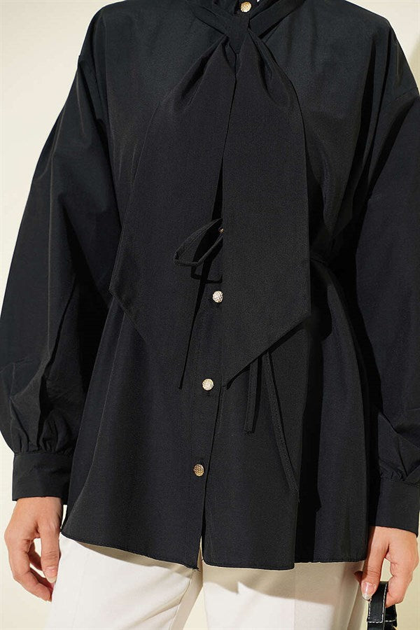 Black Poplin Shirt with Tie Collar