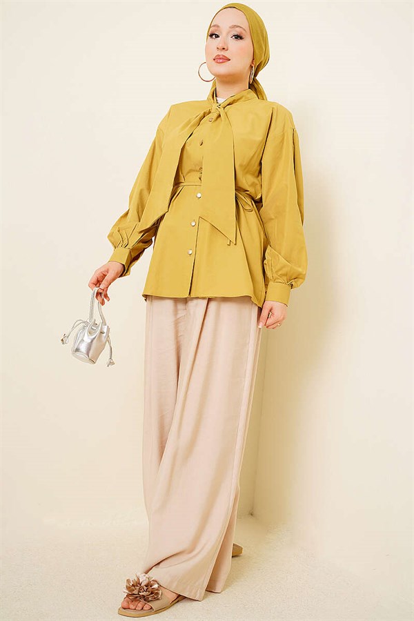 Poplin Shirt with Tie Collar, Olive Green
