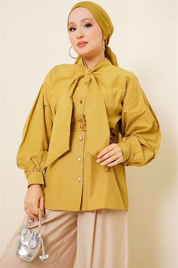 Poplin Shirt with Tie Collar, Olive Green