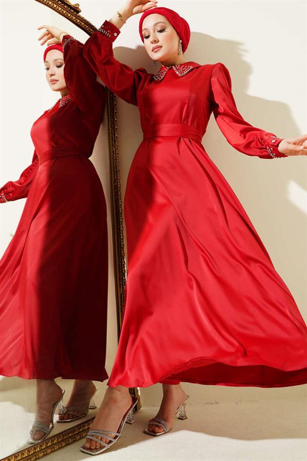 Satin Evening Dress with Stoned Collar and Cuff in Red