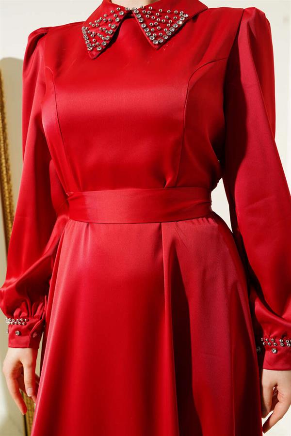 Satin Evening Dress with Stoned Collar and Cuff in Red
