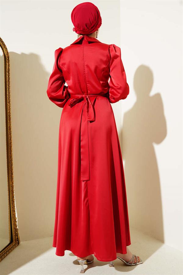 Satin Evening Dress with Stoned Collar and Cuff in Red
