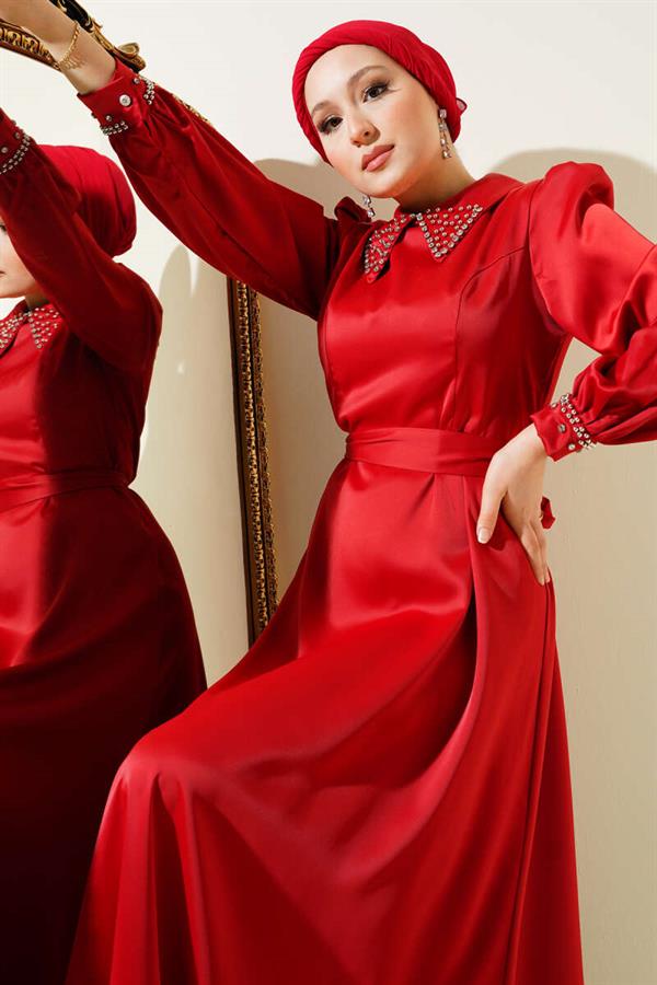 Satin Evening Dress with Stoned Collar and Cuff in Red