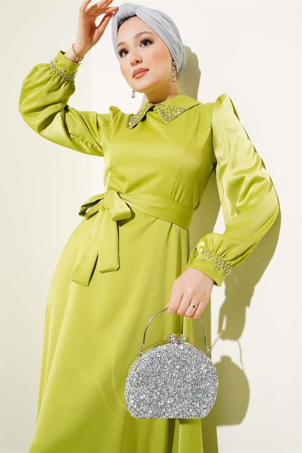Satin Evening Dress with Stoned Collar and Cuff in Oil Green