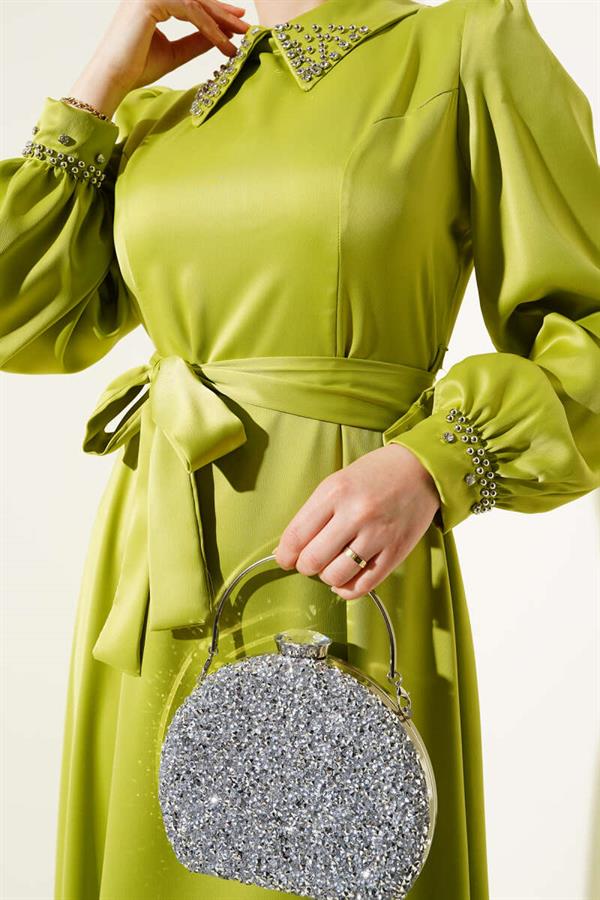 Satin Evening Dress with Stoned Collar and Cuff in Oil Green