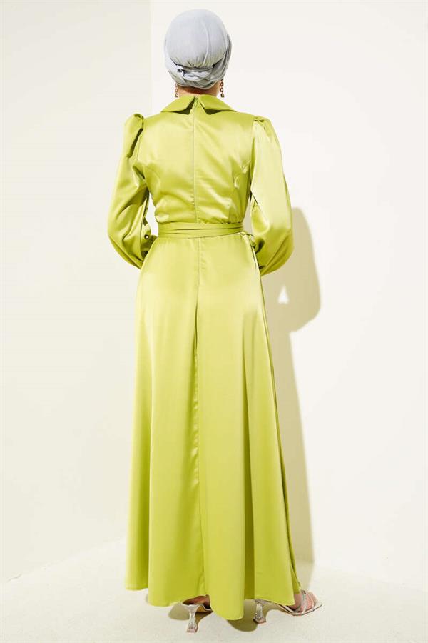 Satin Evening Dress with Stoned Collar and Cuff in Oil Green
