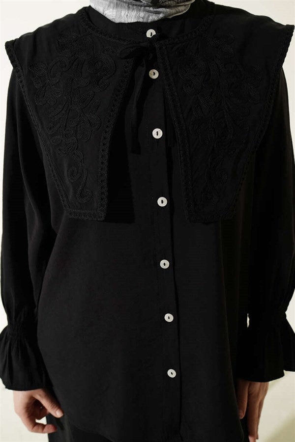 Black Modal 2 Piece Set with Embroidered Collar and Cuff Straps