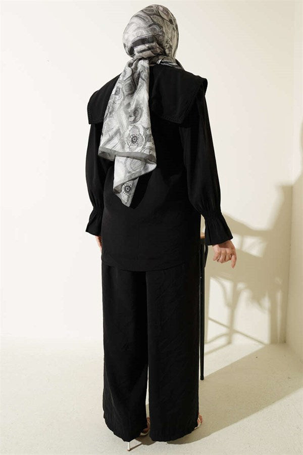 Black Modal 2 Piece Set with Embroidered Collar and Cuff Straps