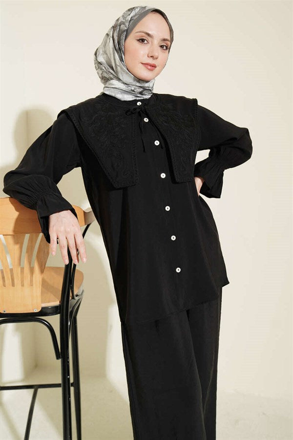 Black Modal 2 Piece Set with Embroidered Collar and Cuff Straps