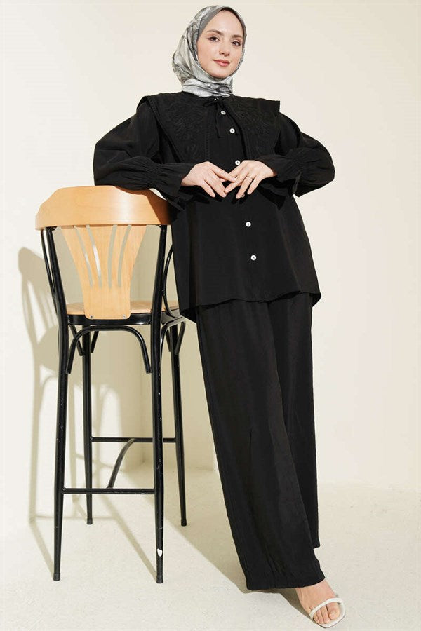 Black Modal 2 Piece Set with Embroidered Collar and Cuff Straps