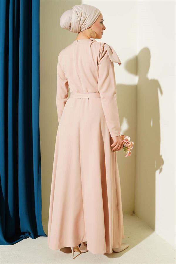 Beige Evening Dress with Collar Piece Detail