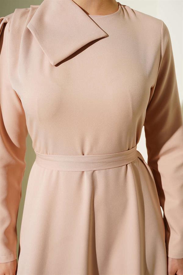 Beige Evening Dress with Collar Piece Detail