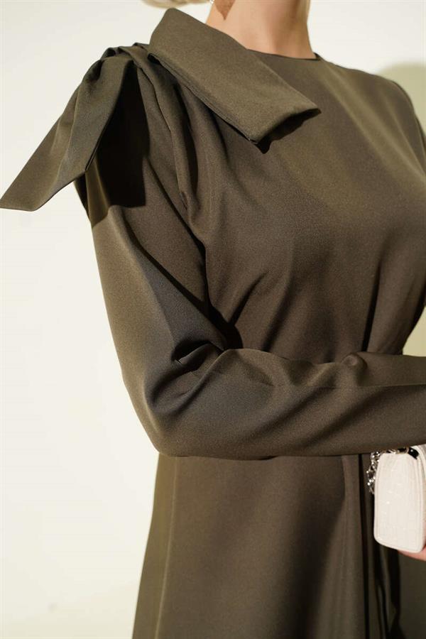 Khaki Evening Dress with Collar Piece Detail