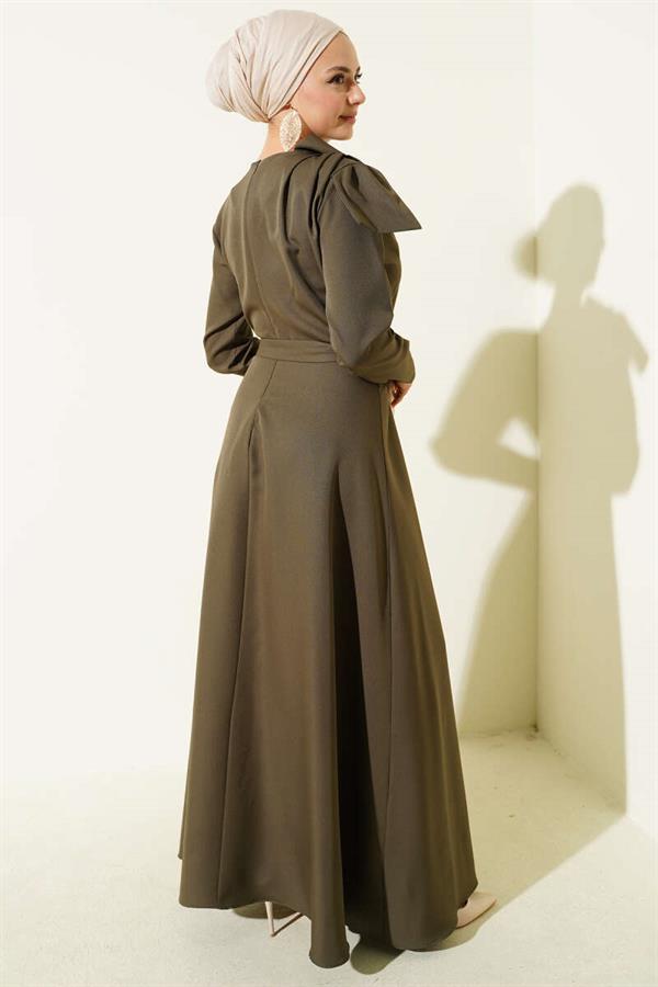 Khaki Evening Dress with Collar Piece Detail
