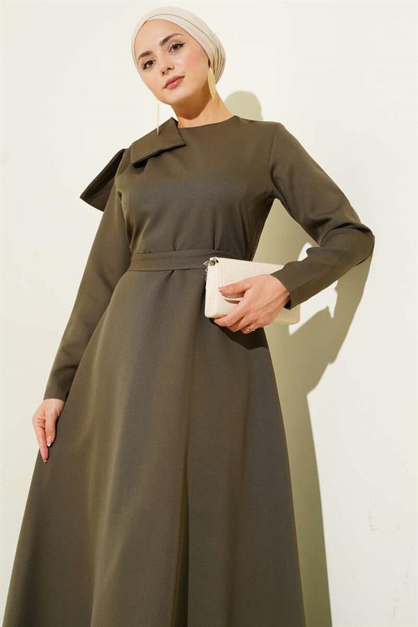 Khaki Evening Dress with Collar Piece Detail