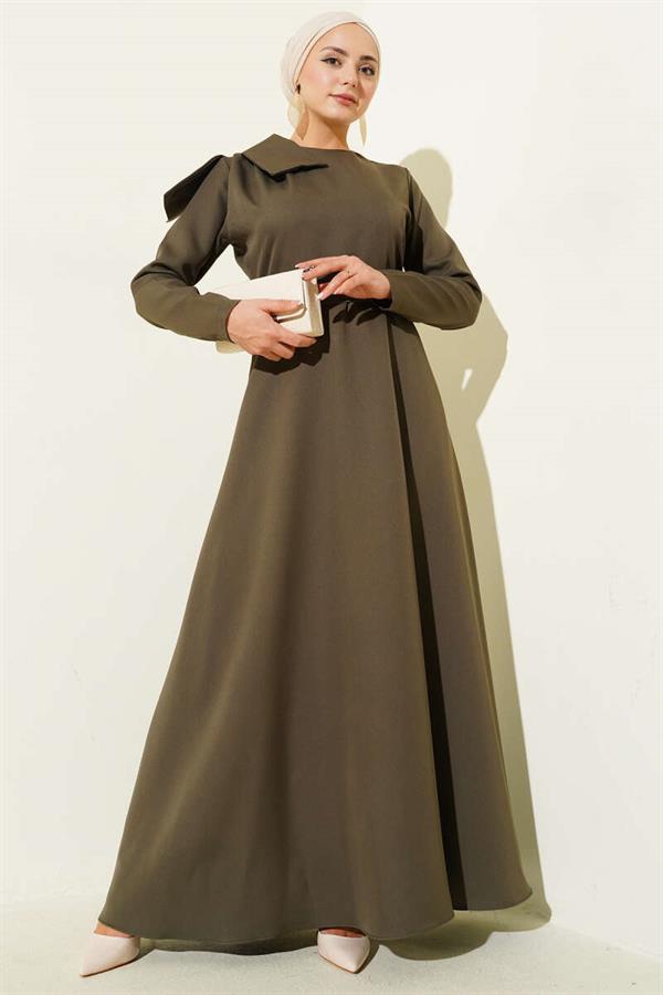 Khaki Evening Dress with Collar Piece Detail