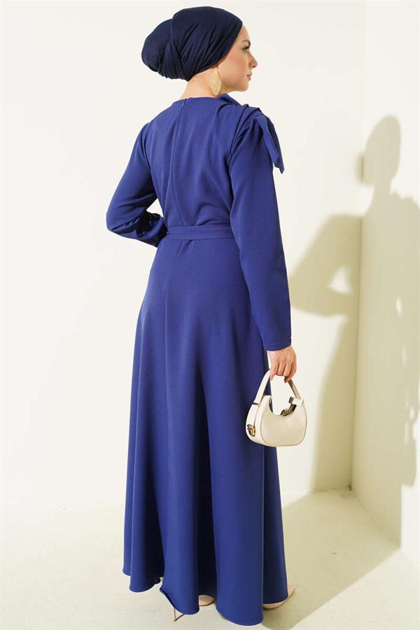 Navy Blue Evening Dress with Collar Piece Detail