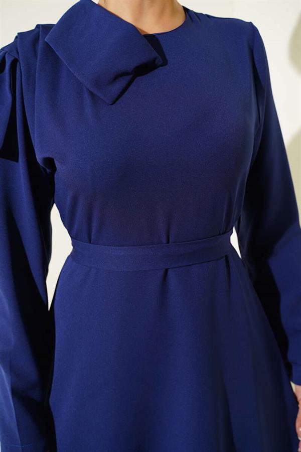 Navy Blue Evening Dress with Collar Piece Detail