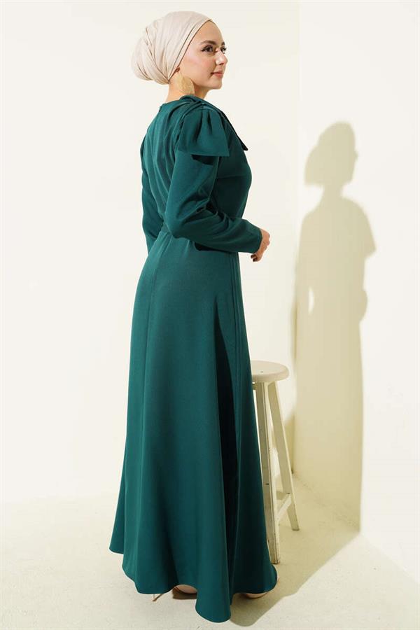 Emerald Green Evening Dress with Collar Piece Detail