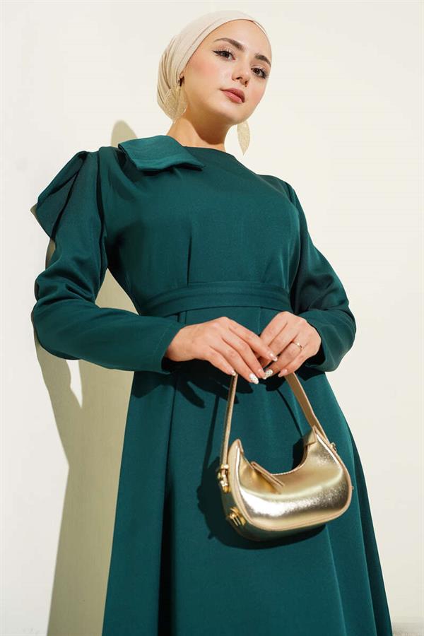 Emerald Green Evening Dress with Collar Piece Detail