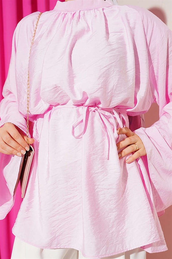 Pink Loose-fitting Tunic with Pleated Collar and Tie Belt